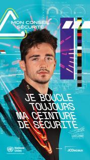 Affiche "Mon Conseil Sécurité" avec Michel Leclerc: "Je boucle toujours ma ceinture de sécurité"