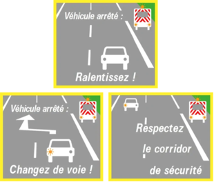 panneaux corridor sécurité : ralentissez, changez de voie, respectez le corridor de sécurité